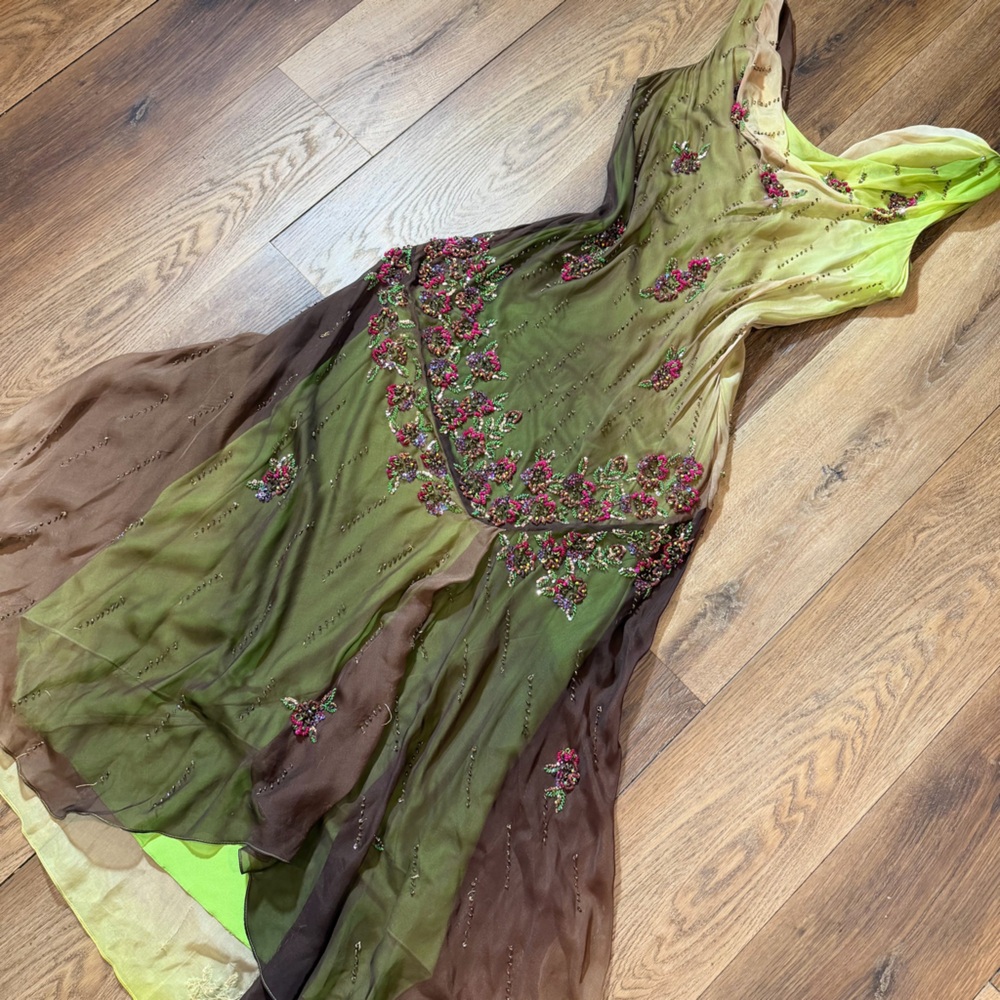 Vintage Y2K 100% Silk Beaded Dress Vintage Beaded Dress Fairy Prom Green Ombré - Picture 5 of 17